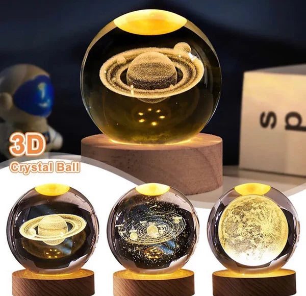 3D Crystal Galaxy Ball Night Lamp with Wooden Base (6cm) - Solar System - Moon - Earth - Heart Cloud - Crescent -Moon Walk