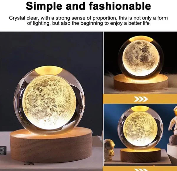 3D Crystal Galaxy Ball Night Lamp with Wooden Base (6cm) - Solar System - Moon - Earth - Heart Cloud - Crescent -Moon Walk