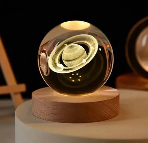 3D Crystal Galaxy Ball Night Lamp with Wooden Base (6cm) - Solar System - Moon - Earth - Heart Cloud - Crescent -Moon Walk