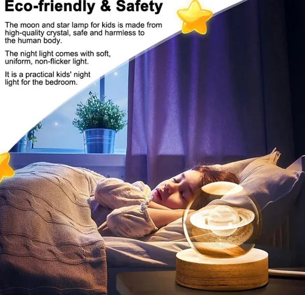 3D Crystal Galaxy Ball Night Lamp with Wooden Base (6cm) - Solar System - Moon - Earth - Heart Cloud - Crescent -Moon Walk