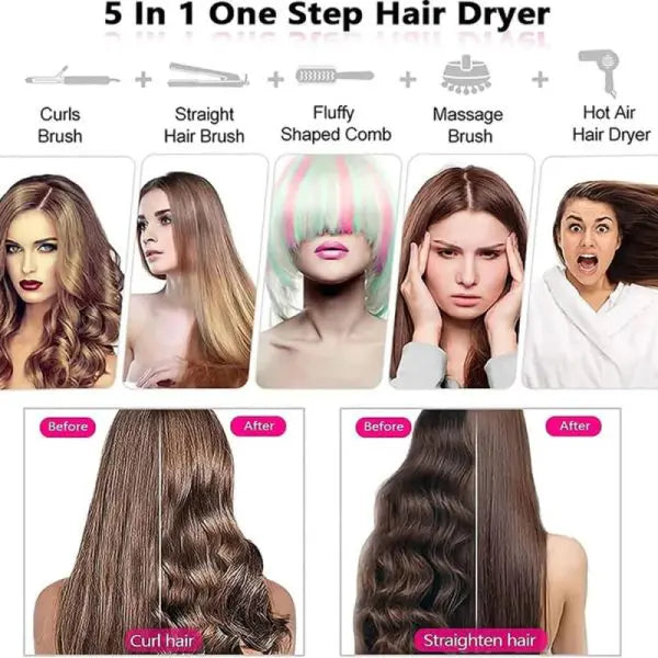 "5-in-1 Multifunctional Hair Styler: Hot Air Dryer, Comb, Volumizer, Brush, and Curler with Detachable Design - One-Step Hot Air Brush Straightener for Women, Girls - Negative Ions, Constant Temperature - Perfect Gift!"