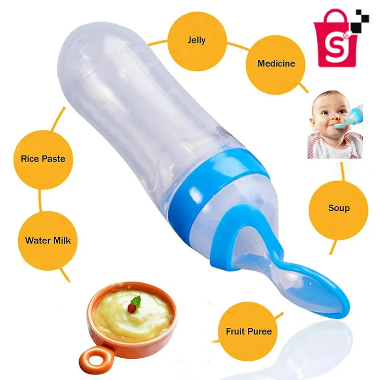 Baby Spoon Feeder – 90ml Silicone Baby Feeding Bottle With Spoon Newborn Infant Squeeze Spoon Toddler Food Supplement Rice Cereal Bottle Milk Feeder