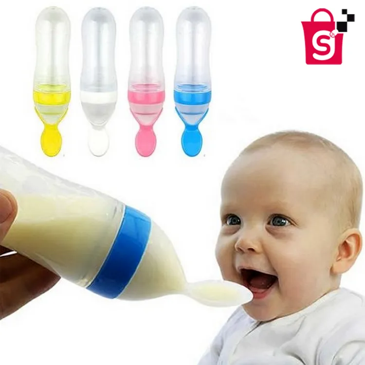 Baby Spoon Feeder – 90ml Silicone Baby Feeding Bottle With Spoon Newborn Infant Squeeze Spoon Toddler Food Supplement Rice Cereal Bottle Milk Feeder