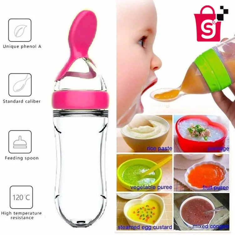 Baby Spoon Feeder – 90ml Silicone Baby Feeding Bottle With Spoon Newborn Infant Squeeze Spoon Toddler Food Supplement Rice Cereal Bottle Milk Feeder