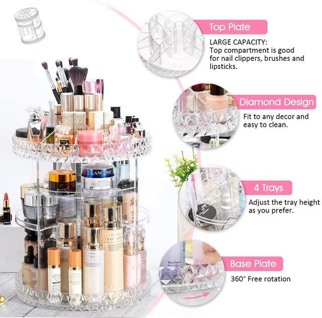 360 Degree Rotating Crystal Jewelry Cosmetic Perfumes Makeup Organizer Display Stand